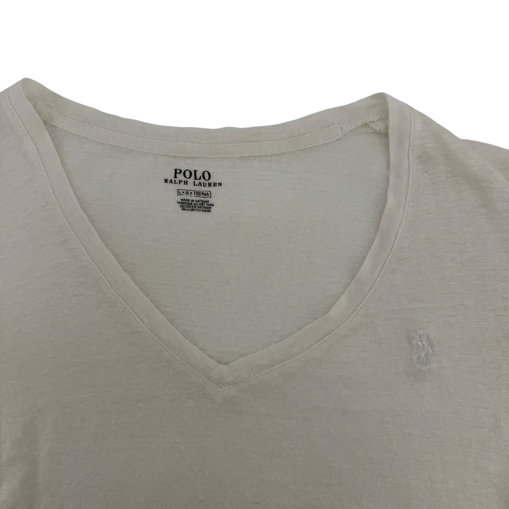 Polo Ralph Lauren Women's White Linen Blend V-Neck Short Sleeve T-Shirt Large